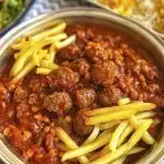 خورشت قیمه با گوشت چرخ کرده ایرانی با رب شیشه‌ای چین چین