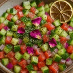 سالاد شیرازی سنتی با خیار، گوجه و تزیین نعناع و گل‌محمدی