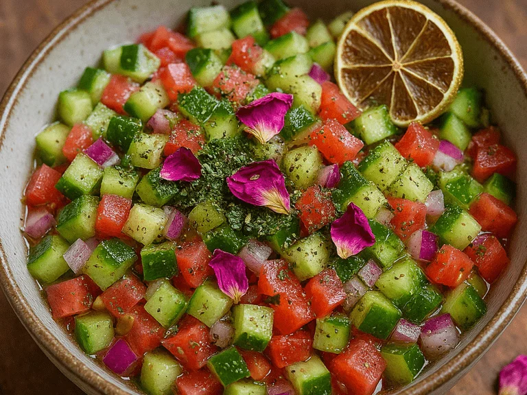 سالاد شیرازی سنتی با خیار، گوجه و تزیین نعناع و گل‌محمدی